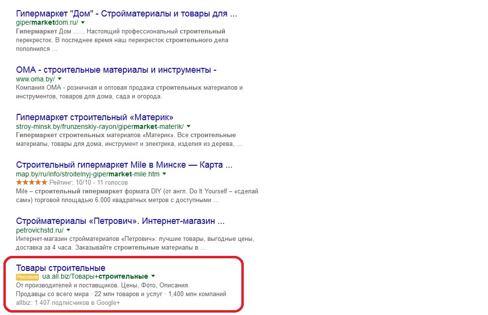 Пример размещения рекламных блоков Adwords